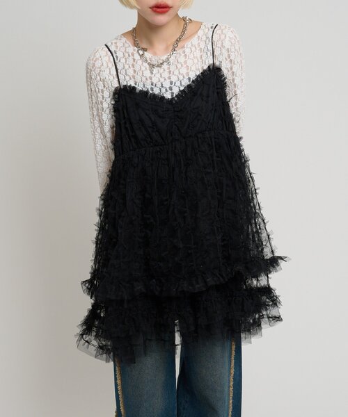 w closet（ダブルクローゼット）の「チュールリボンミニキャミワンピース（ワンピース・レディース・ブラック/アイボリー・FREE）」の20枚目の写真