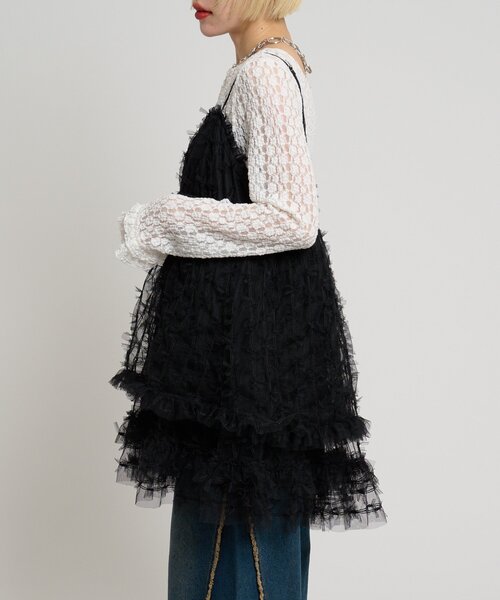 w closet（ダブルクローゼット）の「チュールリボンミニキャミワンピース（ワンピース・レディース・ブラック/アイボリー・FREE）」の3枚目の写真