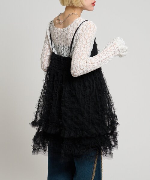 w closet（ダブルクローゼット）の「チュールリボンミニキャミワンピース（ワンピース・レディース・ブラック/アイボリー・FREE）」の4枚目の写真