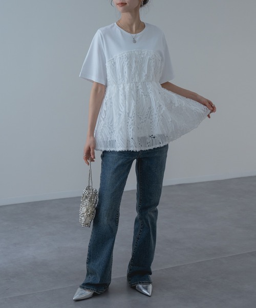 refinedworks（リファインドワークス）の「【refinedworks】異素材 ドッキング ペプラム シルエット プルオーバー！（Tシャツ/カットソー・レディース・オフホワイト/ブラック・FREE）」の16枚目の写真