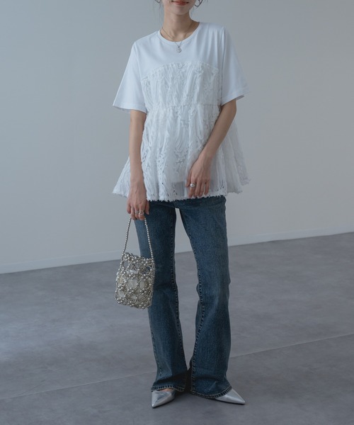 refinedworks（リファインドワークス）の「【refinedworks】異素材 ドッキング ペプラム シルエット プルオーバー！（Tシャツ/カットソー・レディース・オフホワイト/ブラック・FREE）」の15枚目の写真