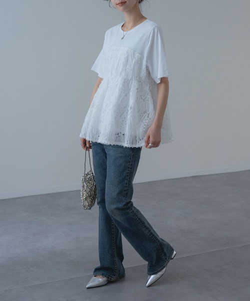 refinedworks（リファインドワークス）の「【refinedworks】異素材 ドッキング ペプラム シルエット プルオーバー！（Tシャツ/カットソー・レディース・オフホワイト/ブラック・FREE）」の10枚目の写真