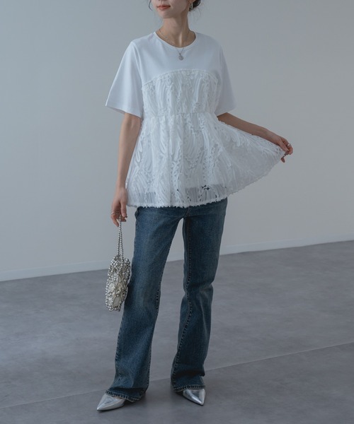 refinedworks（リファインドワークス）の「【refinedworks】異素材 ドッキング ペプラム シルエット プルオーバー！（Tシャツ/カットソー・レディース・オフホワイト/ブラック・FREE）」の9枚目の写真