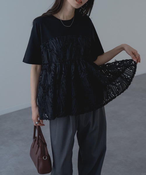 refinedworks（リファインドワークス）の「【refinedworks】異素材 ドッキング ペプラム シルエット プルオーバー！（Tシャツ/カットソー・レディース・オフホワイト/ブラック・FREE）」の20枚目の写真