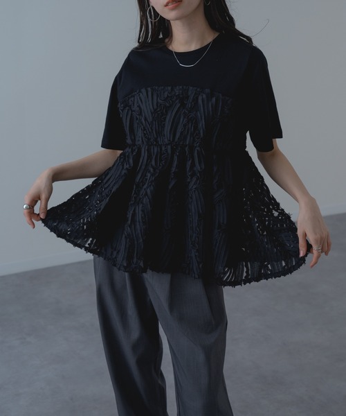 refinedworks（リファインドワークス）の「【refinedworks】異素材 ドッキング ペプラム シルエット プルオーバー！（Tシャツ/カットソー・レディース・オフホワイト/ブラック・FREE）」の18枚目の写真