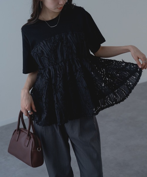 refinedworks（リファインドワークス）の「【refinedworks】異素材 ドッキング ペプラム シルエット プルオーバー！（Tシャツ/カットソー・レディース・オフホワイト/ブラック・FREE）」の17枚目の写真