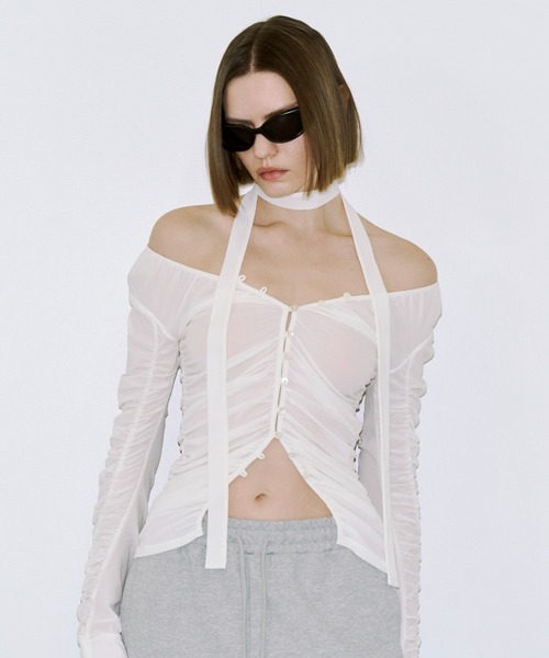 JOSE MOON(ジョゼムーン)の「SPLIT GATHERS CHOKER TOPS/スプリットギャザーチョーカートップス(Tシャツ/カットソー・レディース・ブラック/ホワイト・FREE)」の20枚目の写真