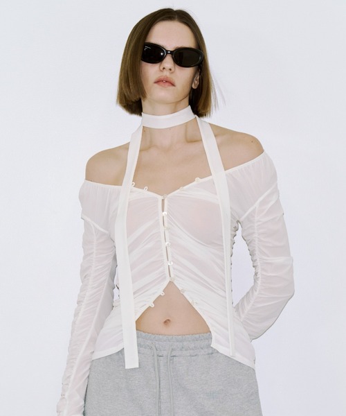 JOSE MOON(ジョゼムーン)の「SPLIT GATHERS CHOKER TOPS/スプリットギャザーチョーカートップス(Tシャツ/カットソー・レディース・ブラック/ホワイト・FREE)」の18枚目の写真