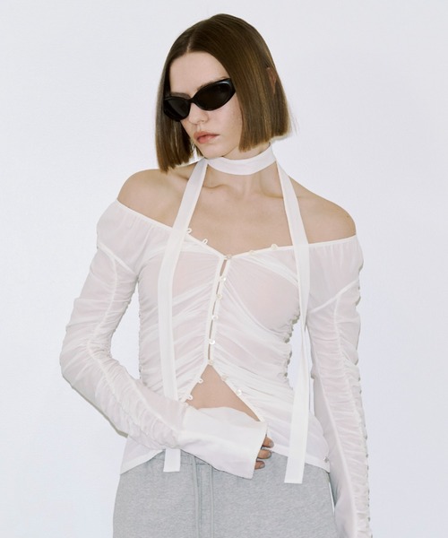 JOSE MOON(ジョゼムーン)の「SPLIT GATHERS CHOKER TOPS/スプリットギャザーチョーカートップス(Tシャツ/カットソー・レディース・ブラック/ホワイト・FREE)」の19枚目の写真