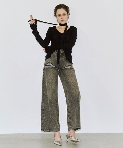 JOSE MOON(ジョゼムーン)の「SPLIT GATHERS CHOKER TOPS/スプリットギャザーチョーカートップス(Tシャツ/カットソー・レディース・ブラック/ホワイト・FREE)」の10枚目の写真