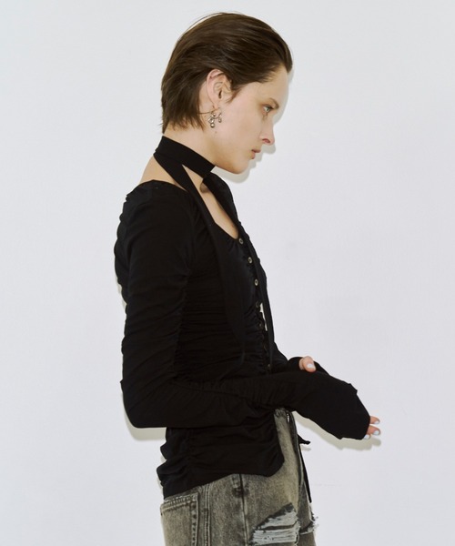 JOSE MOON(ジョゼムーン)の「SPLIT GATHERS CHOKER TOPS/スプリットギャザーチョーカートップス(Tシャツ/カットソー・レディース・ブラック/ホワイト・FREE)」の5枚目の写真