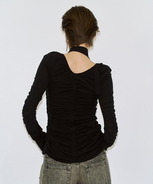 JOSE MOON(ジョゼムーン)の「SPLIT GATHERS CHOKER TOPS/スプリットギャザーチョーカートップス(Tシャツ/カットソー・レディース・ブラック/ホワイト・FREE)」の6枚目の写真