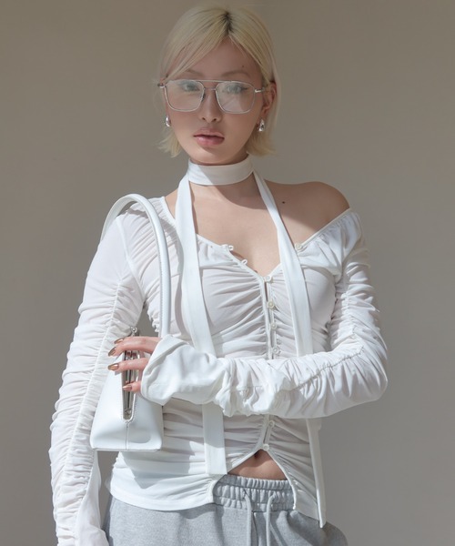 JOSE MOON(ジョゼムーン)の「SPLIT GATHERS CHOKER TOPS/スプリットギャザーチョーカートップス(Tシャツ/カットソー・レディース・ブラック/ホワイト・FREE)」の10枚目の写真