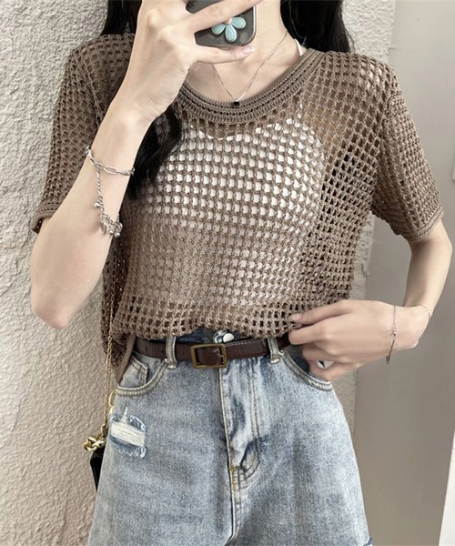 shyam inspiration(シャムインスピレーション)の「透かし編み半袖ニット/シアートップス/メッシュニット(Tシャツ/カットソー・レディース・ブラウン/ブラック/ベージュ/ホワイト・F)」の4枚目の写真