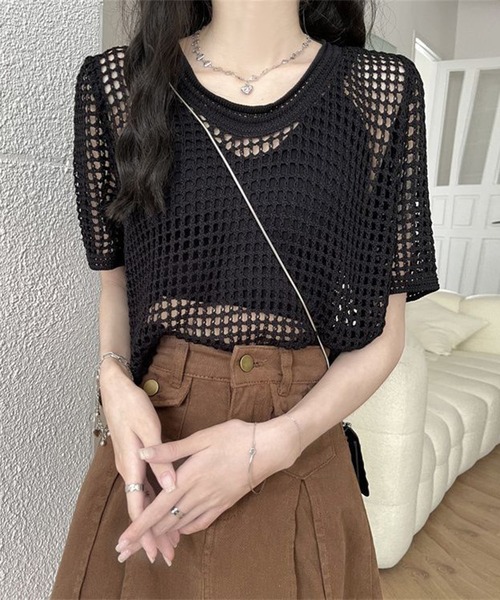 shyam inspiration(シャムインスピレーション)の「透かし編み半袖ニット/シアートップス/メッシュニット(Tシャツ/カットソー・レディース・ブラウン/ブラック/ベージュ/ホワイト・F)」の13枚目の写真