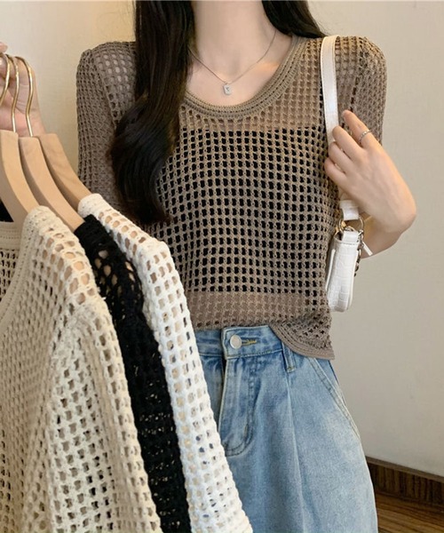 shyam inspiration(シャムインスピレーション)の「透かし編み半袖ニット/シアートップス/メッシュニット(Tシャツ/カットソー・レディース・ブラウン/ブラック/ベージュ/ホワイト・F)」の18枚目の写真