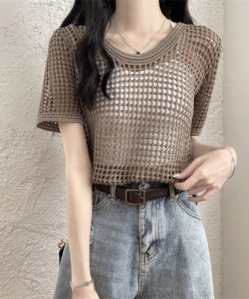 shyam inspiration(シャムインスピレーション)の「透かし編み半袖ニット/シアートップス/メッシュニット(Tシャツ/カットソー・レディース・ブラウン/ブラック/ベージュ/ホワイト・F)」の17枚目の写真