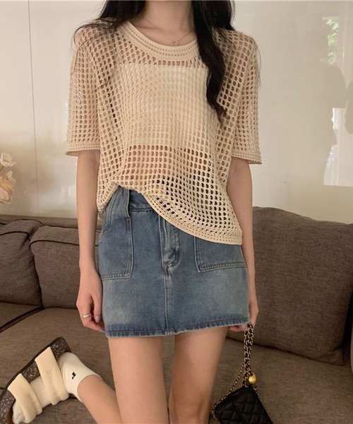 shyam inspiration(シャムインスピレーション)の「透かし編み半袖ニット/シアートップス/メッシュニット(Tシャツ/カットソー・レディース・ブラウン/ブラック/ベージュ/ホワイト・F)」の20枚目の写真