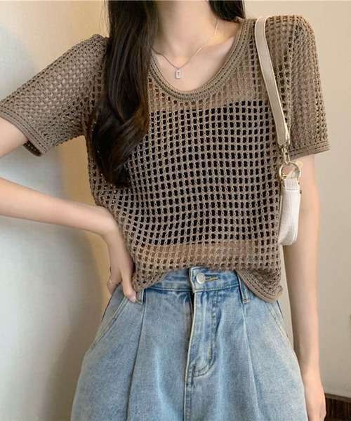 shyam inspiration(シャムインスピレーション)の「透かし編み半袖ニット/シアートップス/メッシュニット(Tシャツ/カットソー・レディース・ブラウン/ブラック/ベージュ/ホワイト・F)」の16枚目の写真