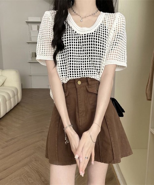 shyam inspiration(シャムインスピレーション)の「透かし編み半袖ニット/シアートップス/メッシュニット(Tシャツ/カットソー・レディース・ブラウン/ブラック/ベージュ/ホワイト・F)」の7枚目の写真