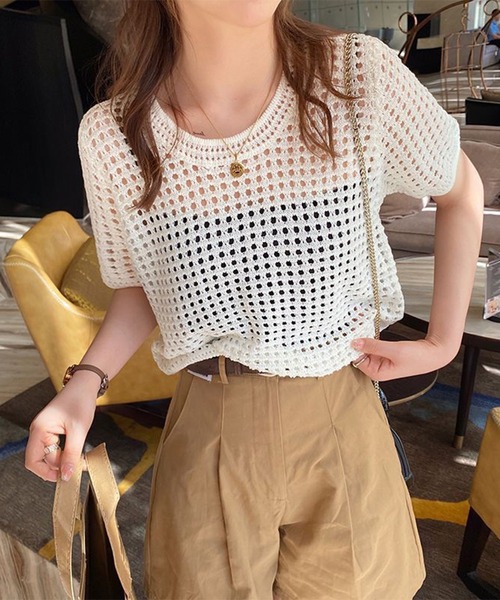 shyam inspiration(シャムインスピレーション)の「透かし編み半袖ニット/シアートップス/メッシュニット(Tシャツ/カットソー・レディース・ブラウン/ブラック/ベージュ/ホワイト・F)」の8枚目の写真