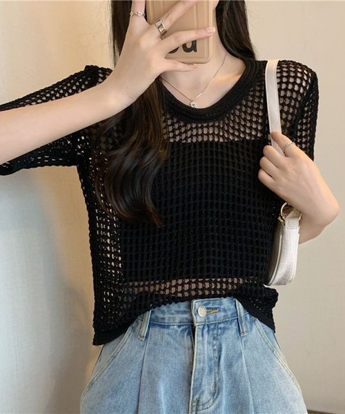 shyam inspiration(シャムインスピレーション)の「透かし編み半袖ニット/シアートップス/メッシュニット(Tシャツ/カットソー・レディース・ブラウン/ブラック/ベージュ/ホワイト・F)」の9枚目の写真