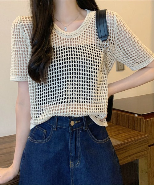 shyam inspiration(シャムインスピレーション)の「透かし編み半袖ニット/シアートップス/メッシュニット(Tシャツ/カットソー・レディース・ブラウン/ブラック/ベージュ/ホワイト・F)」の22枚目の写真