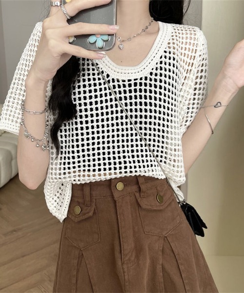 shyam inspiration(シャムインスピレーション)の「透かし編み半袖ニット/シアートップス/メッシュニット(Tシャツ/カットソー・レディース・ブラウン/ブラック/ベージュ/ホワイト・F)」の5枚目の写真