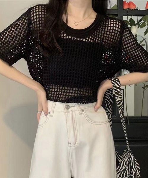 shyam inspiration(シャムインスピレーション)の「透かし編み半袖ニット/シアートップス/メッシュニット(Tシャツ/カットソー・レディース・ブラウン/ブラック/ベージュ/ホワイト・F)」の14枚目の写真