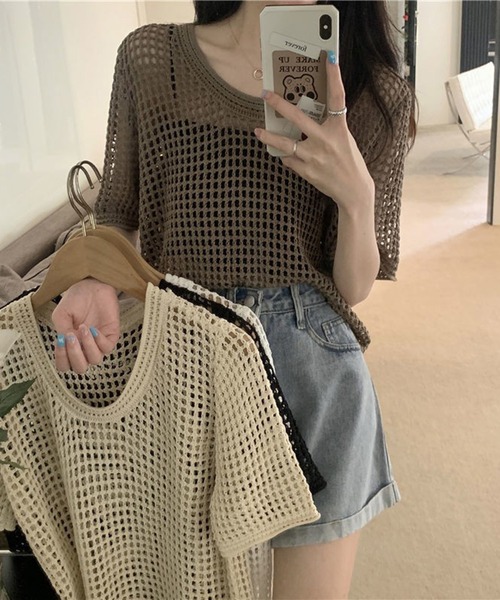 shyam inspiration(シャムインスピレーション)の「透かし編み半袖ニット/シアートップス/メッシュニット(Tシャツ/カットソー・レディース・ブラウン/ブラック/ベージュ/ホワイト・F)」の19枚目の写真