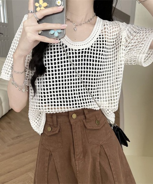 shyam inspiration(シャムインスピレーション)の「透かし編み半袖ニット/シアートップス/メッシュニット(Tシャツ/カットソー・レディース・ブラウン/ブラック/ベージュ/ホワイト・F)」の6枚目の写真