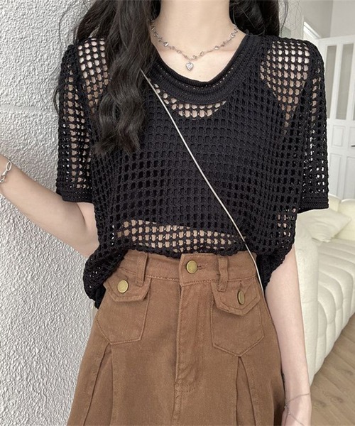 shyam inspiration(シャムインスピレーション)の「透かし編み半袖ニット/シアートップス/メッシュニット(Tシャツ/カットソー・レディース・ブラウン/ブラック/ベージュ/ホワイト・F)」の12枚目の写真