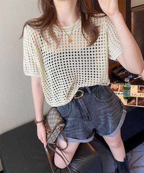 shyam inspiration(シャムインスピレーション)の「透かし編み半袖ニット/シアートップス/メッシュニット(Tシャツ/カットソー・レディース・ブラウン/ブラック/ベージュ/ホワイト・F)」の21枚目の写真