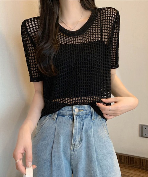 shyam inspiration(シャムインスピレーション)の「透かし編み半袖ニット/シアートップス/メッシュニット(Tシャツ/カットソー・レディース・ブラウン/ブラック/ベージュ/ホワイト・F)」の10枚目の写真
