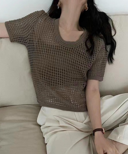 shyam inspiration(シャムインスピレーション)の「透かし編み半袖ニット/シアートップス/メッシュニット(Tシャツ/カットソー・レディース・ブラウン/ブラック/ベージュ/ホワイト・F)」の15枚目の写真
