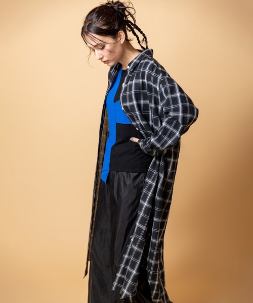 OSMOSIS(オズモーシス)の「2WAYチェックロングシャツブラウス(シャツ/ブラウス・レディース・ブラウン/ダークブラウン/ブラック・ONE SIZE)」の6枚目の写真