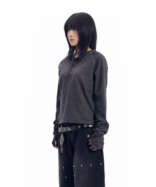セール】Dust Henry Neck Long Sleeve (Black)（Tシャツ/カットソー