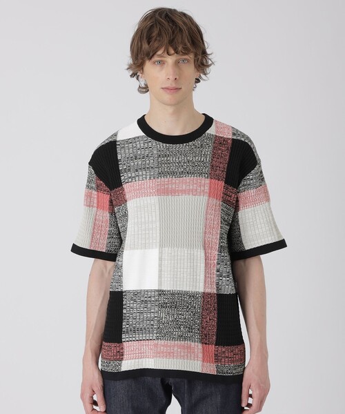 セール】テクスチャーミックスクレストブリッジチェックニットTシャツ