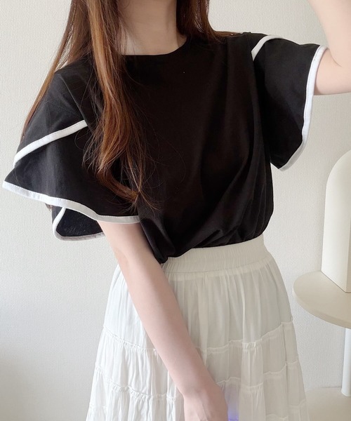 Nana（ナナ）の「バイカラーフリルスリーブトップス（Tシャツ/カットソー・レディース・ホワイト/ブラック・FREE）」の2枚目の写真
