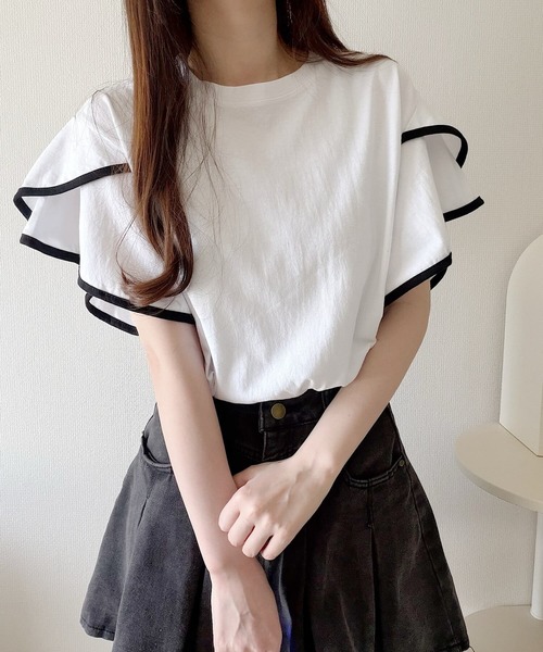 Nana（ナナ）の「バイカラーフリルスリーブトップス（Tシャツ/カットソー・レディース・ホワイト/ブラック・FREE）」の6枚目の写真
