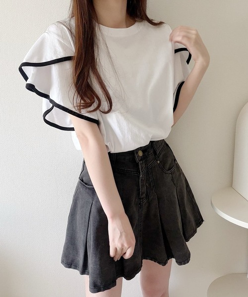 Nana（ナナ）の「バイカラーフリルスリーブトップス（Tシャツ/カットソー・レディース・ホワイト/ブラック・FREE）」の8枚目の写真