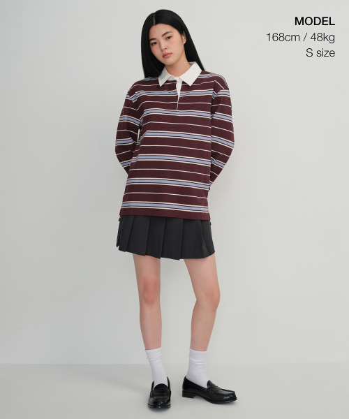 MUSINSA STANDARD WOMAN（ムシンサスタンダードウーマン）の「ウィメンズリラックスドマルチストライプラグビーシャツ[バーガンディ]（ポロシャツ・レディース・その他・X-SMALL/SMALL/MEDIUM/LARGE）」の2枚目の写真
