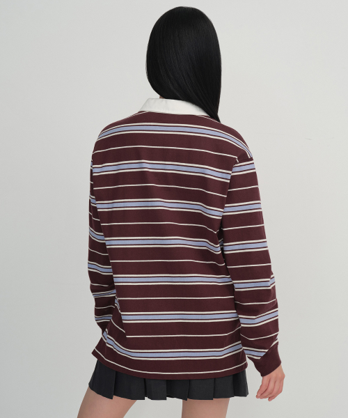 MUSINSA STANDARD WOMAN（ムシンサスタンダードウーマン）の「ウィメンズリラックスドマルチストライプラグビーシャツ[バーガンディ]（ポロシャツ・レディース・その他・X-SMALL/SMALL/MEDIUM/LARGE）」の3枚目の写真
