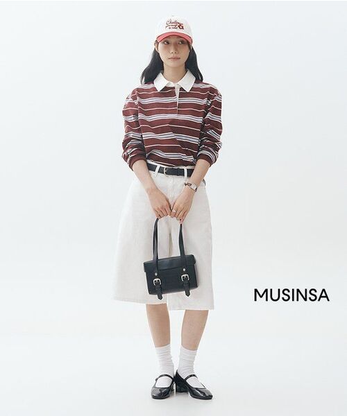 MUSINSA STANDARD WOMAN（ムシンサスタンダードウーマン）の「ウィメンズリラックスドマルチストライプラグビーシャツ[バーガンディ]（ポロシャツ・レディース・その他・X-SMALL/SMALL/MEDIUM/LARGE）」の12枚目の写真