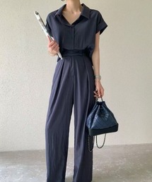 襟付きシングルブレスト半袖ハイウエストパンツ2点セットアップ