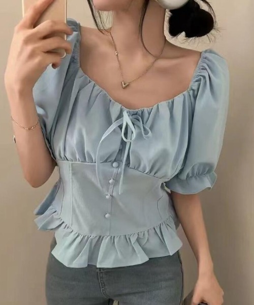 semplice(センプリチェ)の「バブルスリーブ ペプラム ブラウス(Tシャツ/カットソー・レディース・ブルー/ホワイト/ブラック・F)」の6枚目の写真
