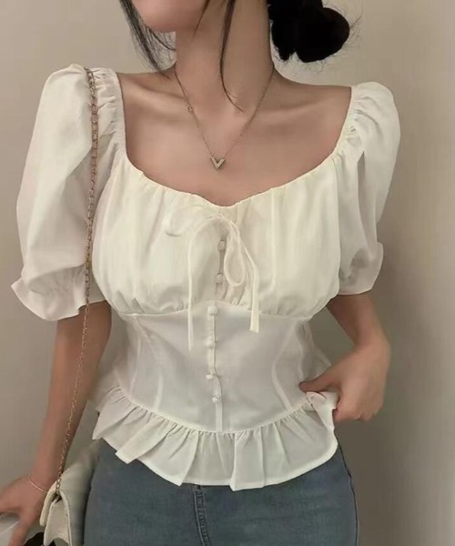 semplice(センプリチェ)の「バブルスリーブ ペプラム ブラウス(Tシャツ/カットソー・レディース・ブルー/ホワイト/ブラック・F)」の8枚目の写真