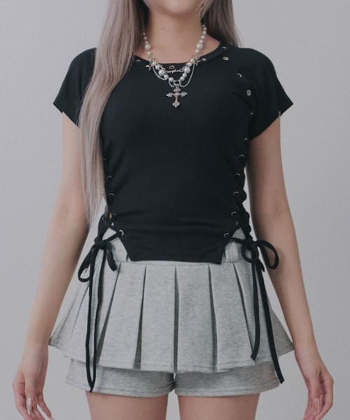 Diable baiser(ディアブルベーゼ)の「ハトメレースアップY2K半袖カットソートップス(Tシャツ/カットソー・レディース・ブラック・MEDIUM/LL/LARGE)」の11枚目の写真