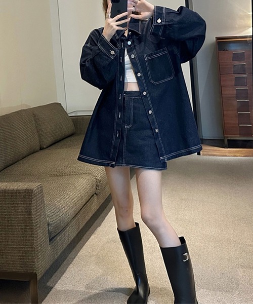 Girly Doll(ガーリードール)の「【セットアップ】デニムオーバーサイズシャツ&ミニスカート 上下2点セット(セットアップ・レディース・ブルー・L/M)」の8枚目の写真
