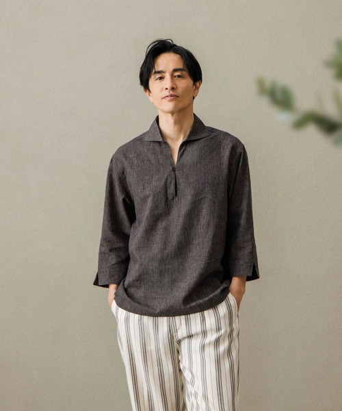 TAKA-Q(タカキュー)の「シャツ メンズ 7分袖 スキッパー プルオーバー リネン混 ゆったり オーバーサイズ (シャツ/ブラウス・メンズ・グレー系その他2/ベージュ・MEDIUM/LARGE/X-LARGE)」の1枚目の写真